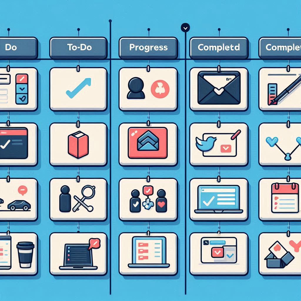 Kanban Personal tablero con columnas Pendiente, En Progreso, Completado, y tareas en tarjetas, sin texto, solo iconos